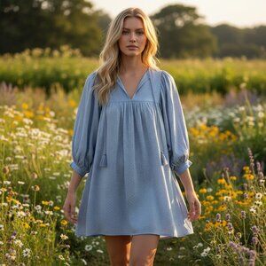 Mille Daisy Dress Chambray Polka Dot Mini Dress Blue NWT Size M